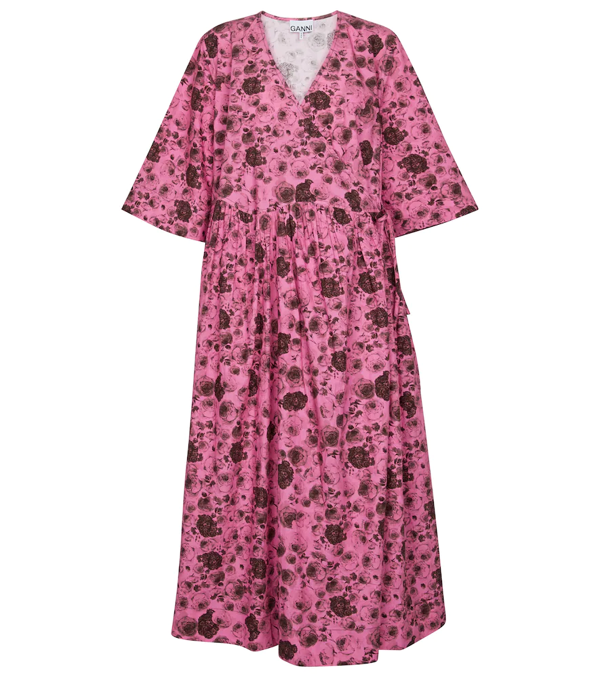 Ganni Floral-print Organic Cotton-poplin Wrap Dress In Pink | ModeSens